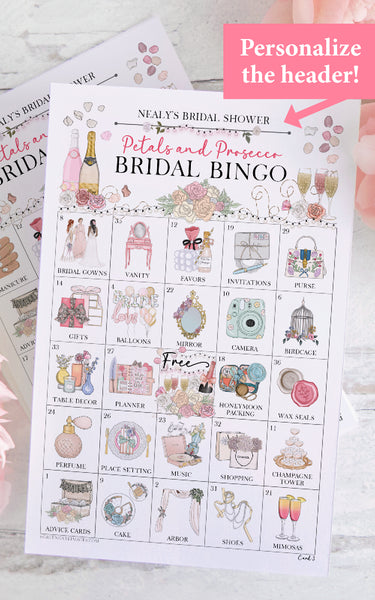 Petals & Prosecco/Champagne Bridal Shower Bingo Cards - Greengate Images