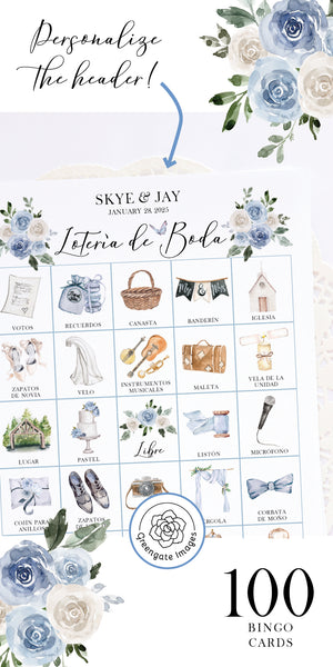 Lotería de Boda - 100 card, Personalization, Dusty Blue - Greengate Images