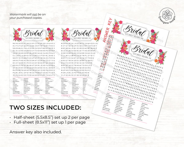 Hot Pink + Orange Bridal Word Search - Greengate Images