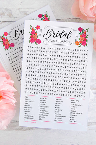 Hot Pink + Orange Bridal Word Search - Greengate Images