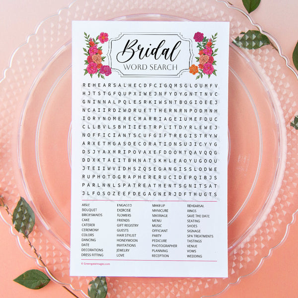 Hot Pink + Orange Bridal Word Search - Greengate Images
