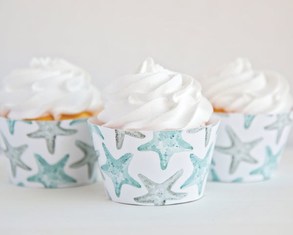 Starfish Cupcake Wrapper - Gray and Aqua Blue - Greengate Images