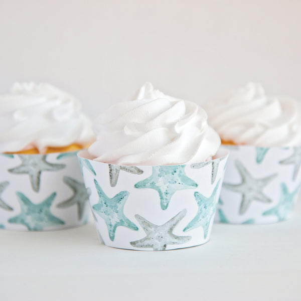 Starfish Cupcake Wrapper - Gray and Aqua Blue - Greengate Images