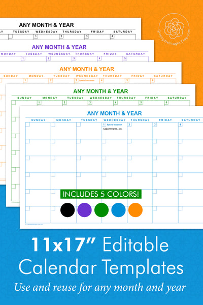 11x17" Editable Calendar Templates - 5 Colors