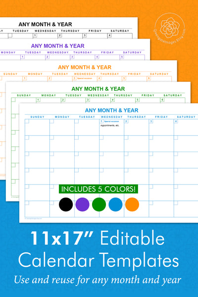 11x17" Editable Calendar Templates - 5 Colors - Greengate Images