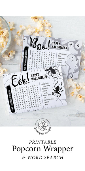 Halloween Popcorn Wrapper Duo - Ghosts and Spiders w/Word Finds