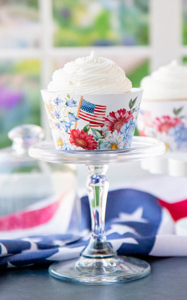 Patriotic Cupcake Wrapper - Bold Flowers and American Flag - Greengate Images