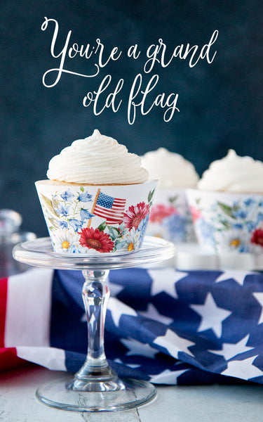 Patriotic Cupcake Wrapper - Bold Flowers and American Flag - Greengate Images