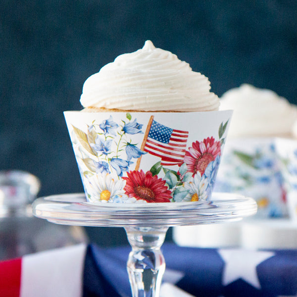 Patriotic Cupcake Wrapper - Bold Flowers and American Flag - Greengate Images