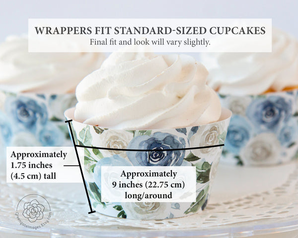 Rose Cupcake Wrappers - Dusty Blue & White - Printable Digital Download by Greengate Images