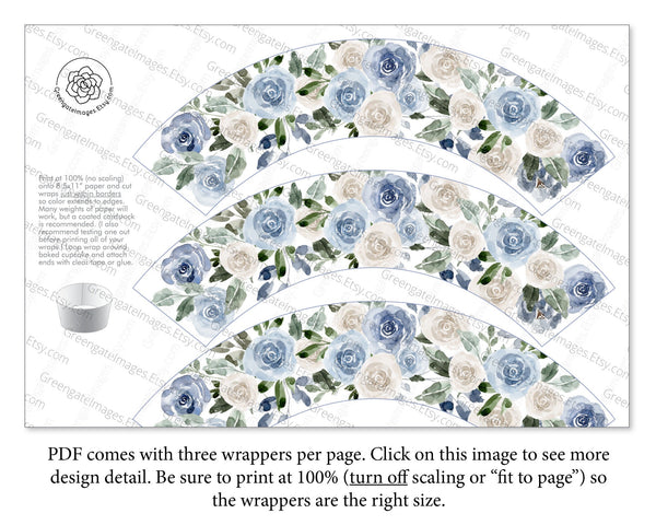 Rose Cupcake Wrappers - Dusty Blue & White - Printable Digital Download by Greengate Images