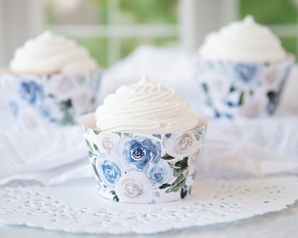Rose Cupcake Wrappers - Dusty Blue & White - Printable Digital Download by Greengate Images