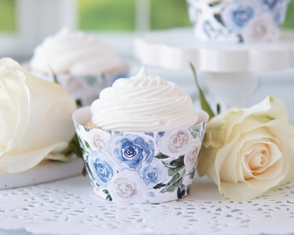 Rose Cupcake Wrappers - Dusty Blue & White - Printable Digital Download by Greengate Images