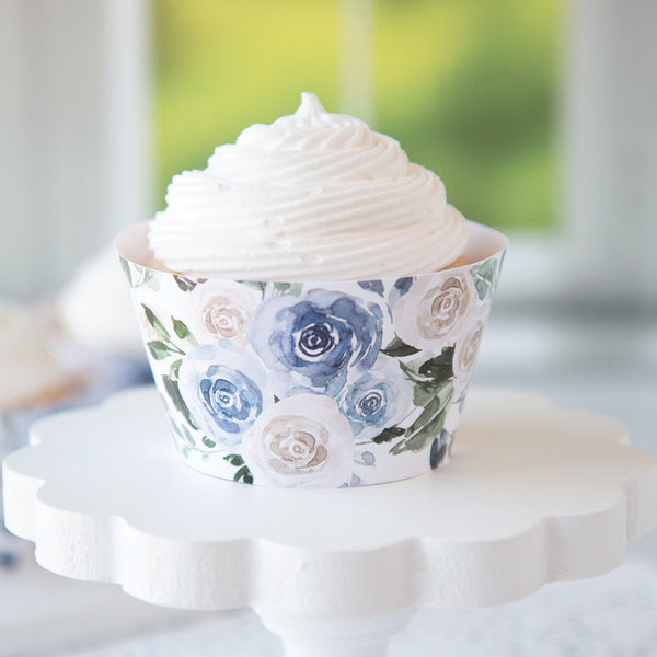 Rose Cupcake Wrappers - Dusty Blue & White - Printable Digital Download by Greengate Images