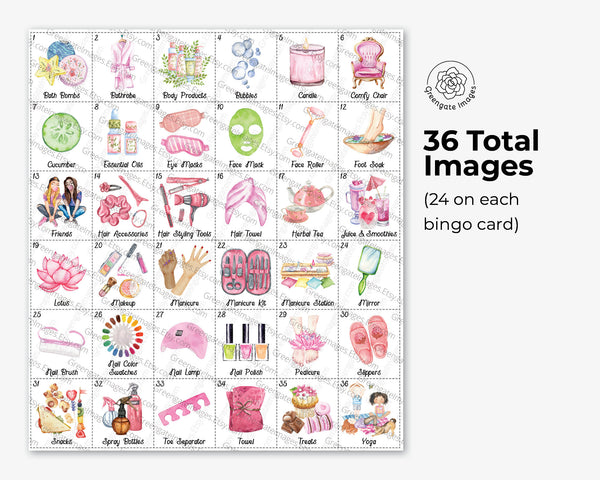 Spa Party Bingo - 50 PRINTABLE unique cards. Instant digital download PDF. Fun for girls pampering party. Cute, unique watercolor art.