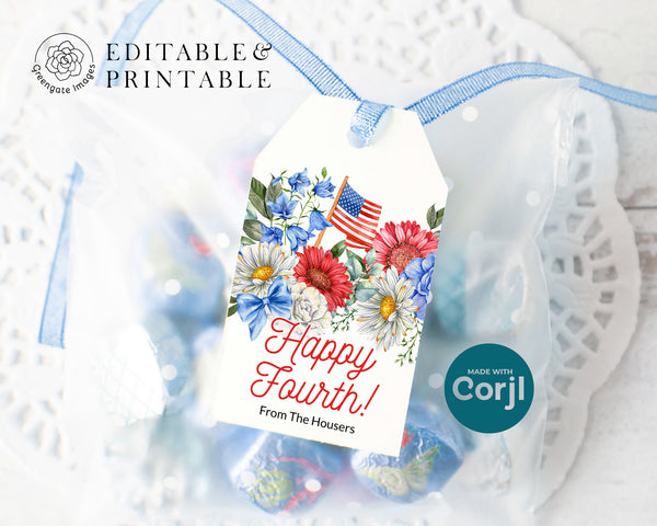 Patriotic Floral Gift Tag - Bold Colors and American Flag - Printable Digital Download by Greengate Images