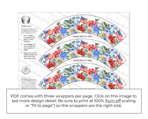 Patriotic Cupcake Wrapper - Bold Flowers and American Flag - Printable Digital Download by Greengate Images