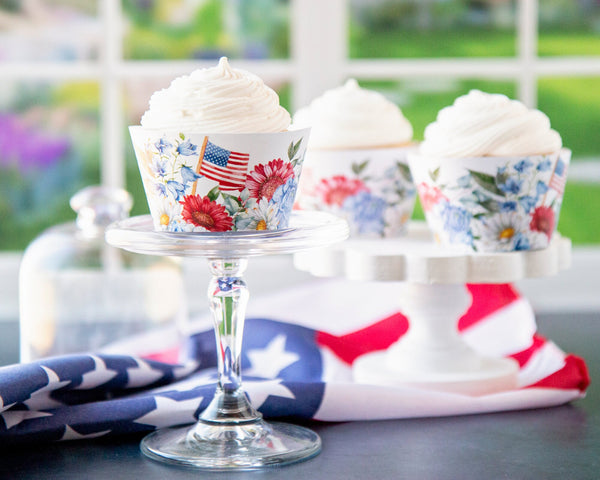 Patriotic Cupcake Wrapper - Bold Flowers and American Flag - Printable Digital Download by Greengate Images