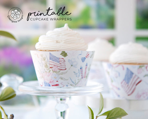 Pastel Patriotic Cupcake Wrappers - Flowers and American Flags - Printable Digital Download by Greengate Images