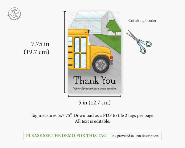 Bus Driver Thank You Gift Tag - Jumbo PRINTABLE editable corjl, xl tag, giant for large gifts, really big personalized hang tag. School bus.