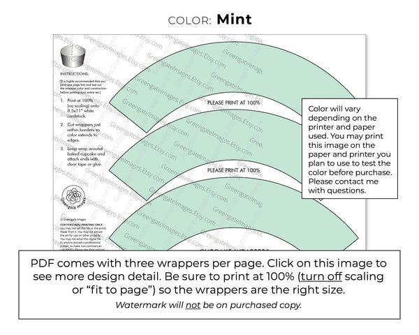 Mint Green Cupcake Wrapper - PRINTABLE digital download PDF. Pale pastel solid-colored sleeve for baked cupcakes. More colors available.
