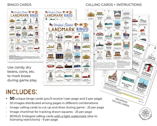 US Landmarks Bingo - Printable Digital Download by Greengate Images
