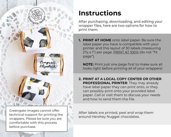 Black Cap Graduation Nugget Wrappers - Printable Digital Download by Greengate Images