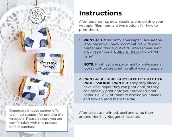 Navy Blue Graduation Nugget Wrappers - Printable Digital Download by Greengate Images