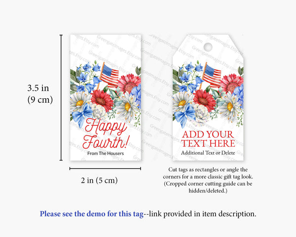 Patriotic Floral Gift Tag - Bold Colors and American Flag - Printable Digital Download by Greengate Images