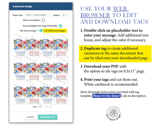 Patriotic Floral Gift Tag - Bold Colors and American Flag - Printable Digital Download by Greengate Images