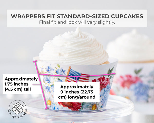 Patriotic Cupcake Wrapper - Bold Flowers and American Flag - Printable Digital Download by Greengate Images