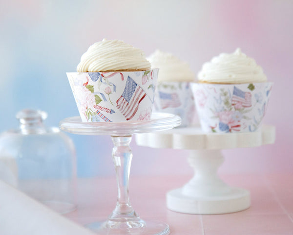 Pastel Patriotic Cupcake Wrappers - Flowers and American Flags - Printable Digital Download by Greengate Images