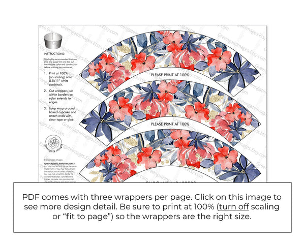 Patriotic Floral Cupcake Wrappers - Red/White/Blue/Gold - Printable Digital Download by Greengate Images