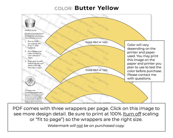 Butter Yellow Cupcake Wrapper - PRINTABLE digital download PDF. Soft golden solid-colored sleeve for baked cupcakes. More colors available.