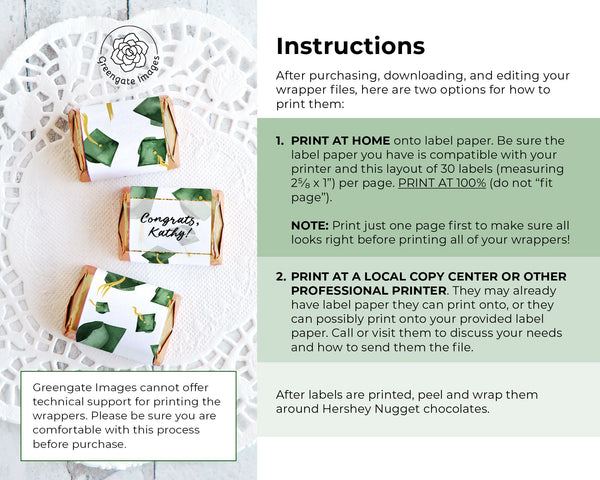 Green Cap Graduation Nugget Wrappers - Printable Digital Download by Greengate Images