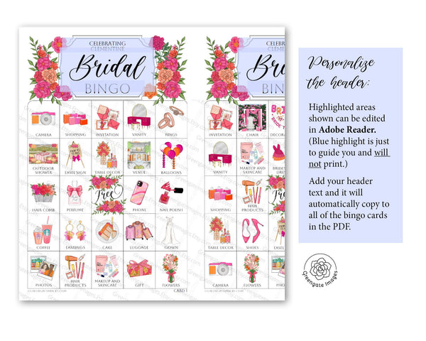 Hot Pink + Orange Bridal Bingo Cards - Printable Digital Download by Greengate Images