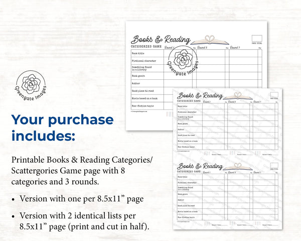 Books & Reading Scattergories - Printable Digital Download by Greengate Images