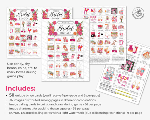 Hot Pink + Orange Bridal Bingo Cards - Printable Digital Download by Greengate Images