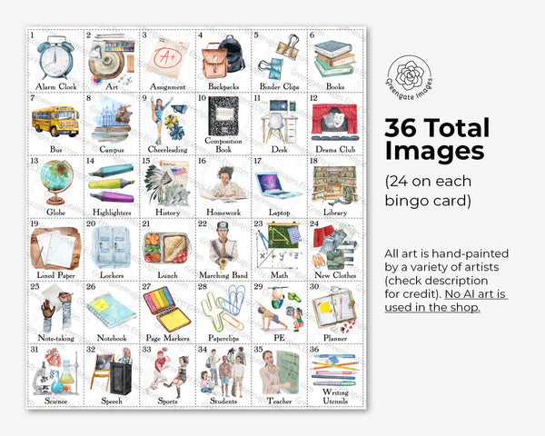 School Bingo (Jr. High & HS) - Printable Digital Download by Greengate Images