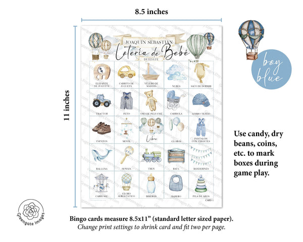 Lotería de Bebé - Blue Hot Air Balloons - Printable Digital Download by Greengate Images