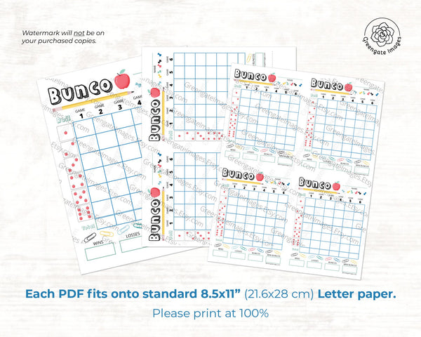School-Themed Bunco Scorecard Set - Printable Digital Download by Greengate Images