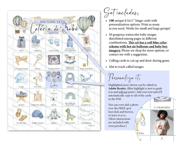 Lotería de Bebé - Blue Hot Air Balloons - Printable Digital Download by Greengate Images