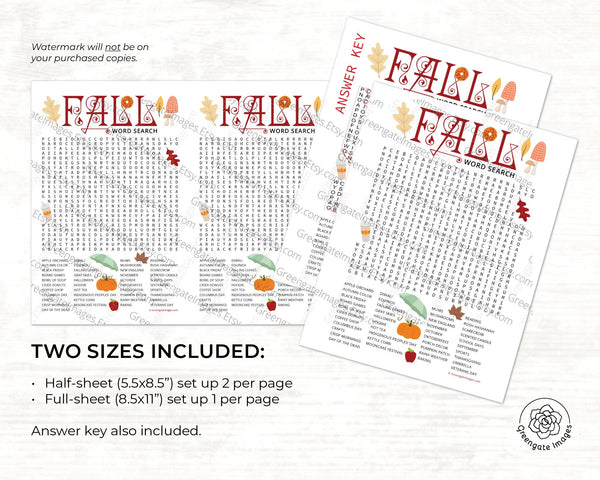 Fall Word Search - Printable Digital Download by Greengate Images