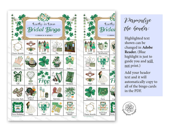 St. Patrick's Day Bridal Bingo Cards - Printable Digital Download by Greengate Images