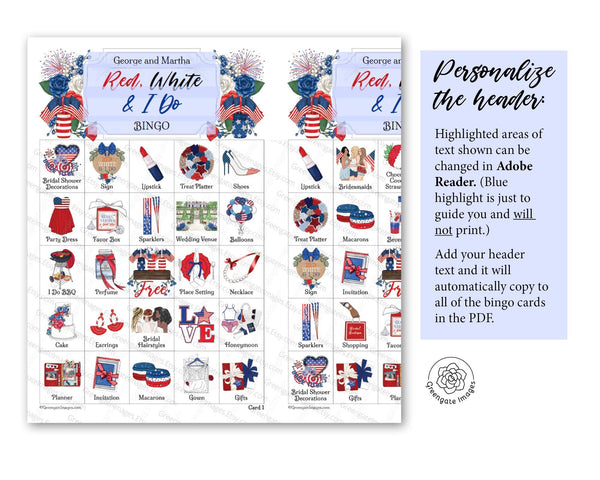 Patriotic Bridal Bingo Cards - Printable Digital Download by Greengate Images