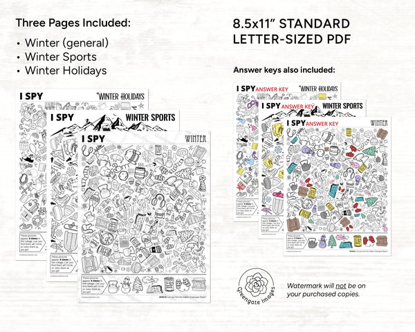 Winter I Spy Bundle - PRINTABLE - Answer Key Included! Three 8.5x11" pages: Winter (general), Sports, & Holidays. Instant download PDF.