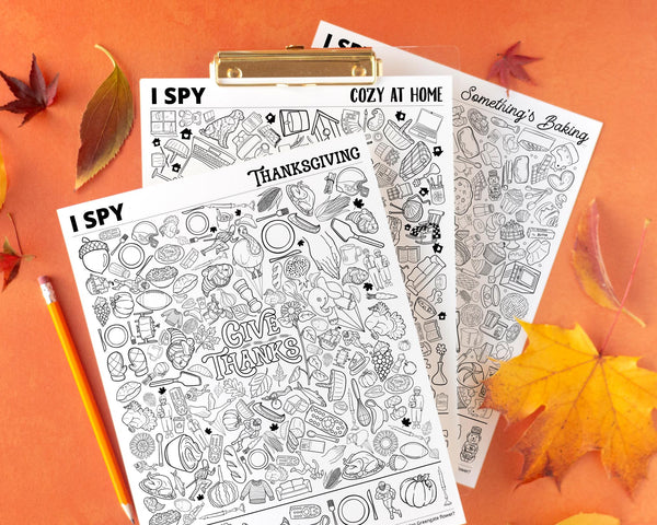 Thanksgiving I Spy Bundle - PRINTABLE - Answer Key Included! Three 8.5x11" pages: Thanksgiving, Cozy at Home, Something's Baking. PDF file.