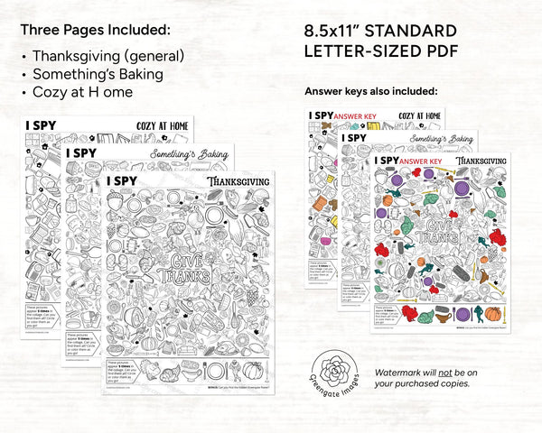 Thanksgiving I Spy Bundle - PRINTABLE - Answer Key Included! Three 8.5x11" pages: Thanksgiving, Cozy at Home, Something's Baking. PDF file.