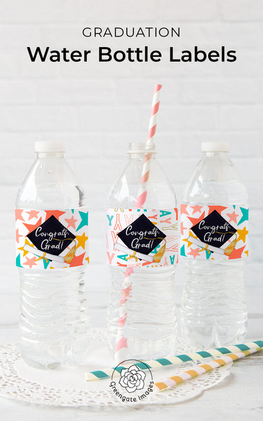 Graduation Water Bottle Labels - Colorful Yay and Stars - Greengate Images