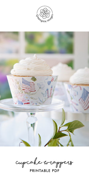 Pastel Patriotic Cupcake Wrappers - Flowers and American Flags - Greengate Images